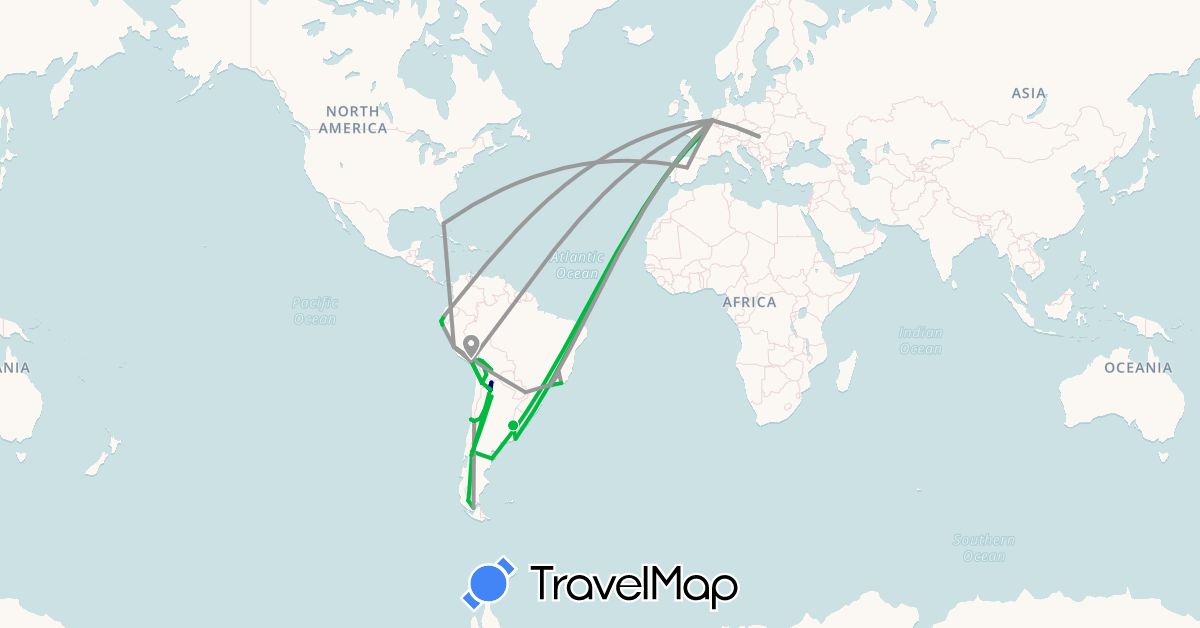 TravelMap itinerary: driving, bus, plane, boat in Argentina, Belgium, Bolivia, Brazil, Chile, Ecuador, Spain, France, Hungary, Mexico, Peru, United States (Europe, North America, South America)
